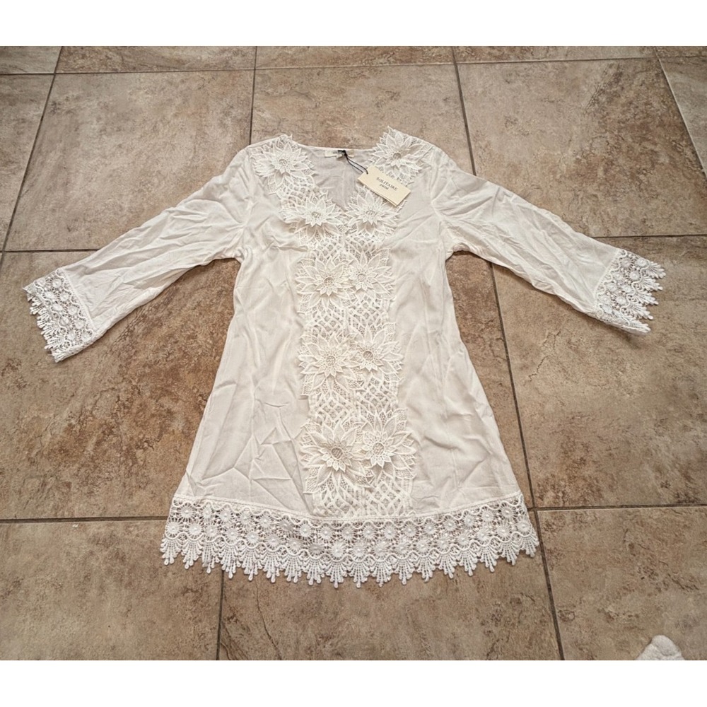 Solitaire Swim White Floral Crochet Lace V-Neck Swim Cover Up Tunic Small